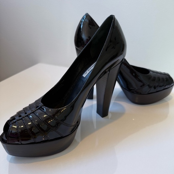 VIA SPIGA Black Patent Leather Platform Peep Toe Heels Size 7.5 Block Heel Pumps - Picture 6 of 13